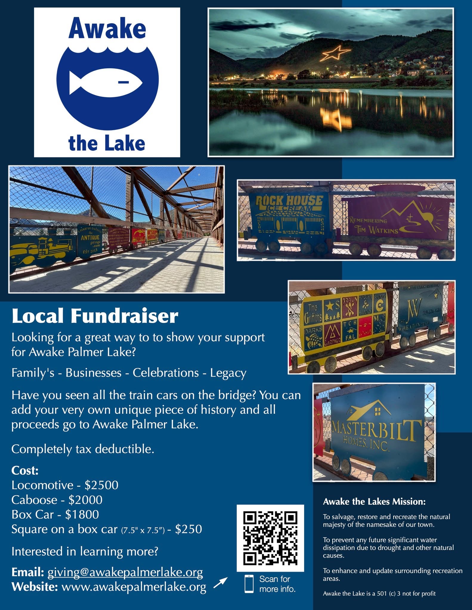 Train Art Project sponsorship poster with pricing for a locomotive, caboose, box car, or box car square